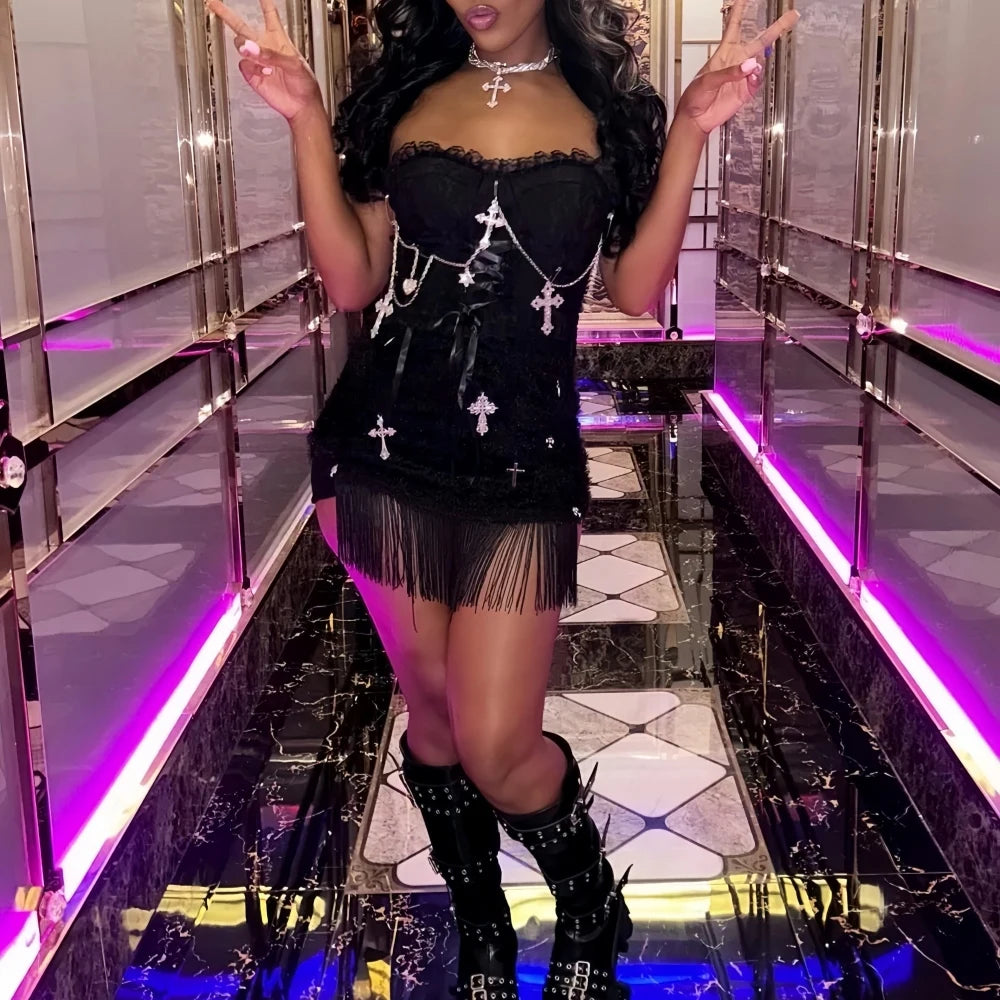 HLJ&GG Black Sexy Y2K Punk Tassels Two Piece Sets Women Chain Lace Up Slim Tube And Fur Mini Skirts Outfits Fashion Streetwear