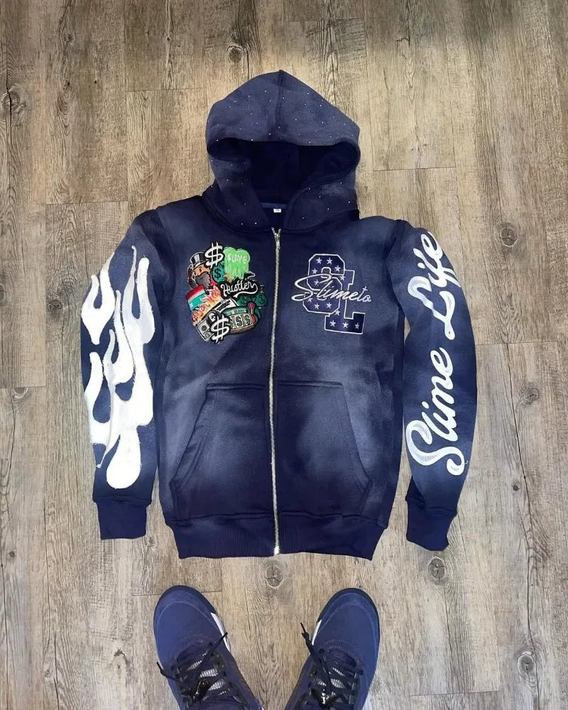 Harajuku Trend Brand Casual Loose Oversized Zipper Hoodie Men Y2k Gothic Retro Letter Flame Embroidered Sweatshirt Jacket Women