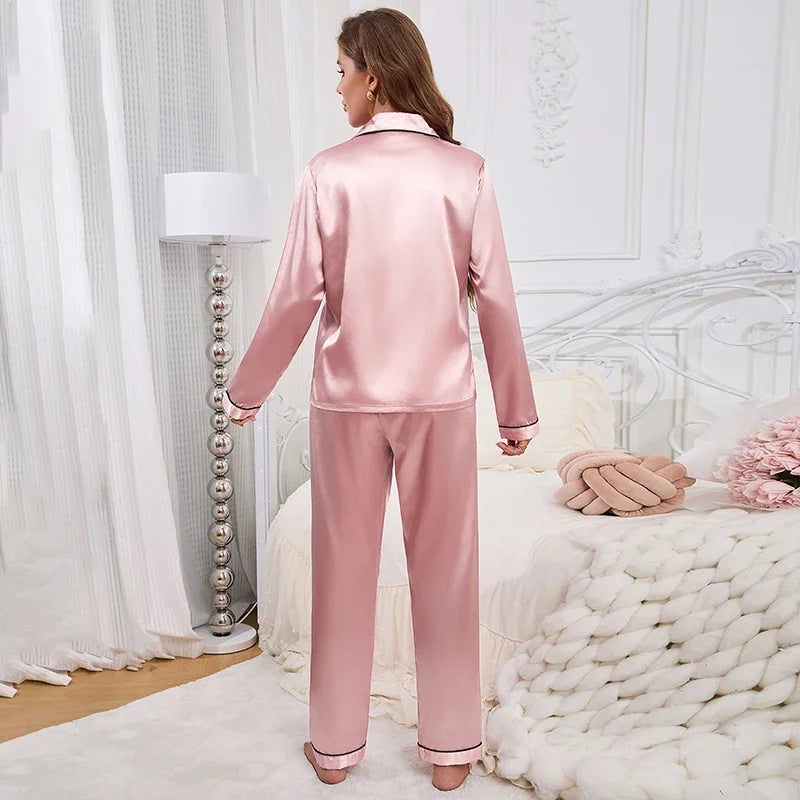 Autumn Satin Women‘s Pajamas Set Notched Collar Top & Wide Leg Long Pants 2 Pieces Sleepwear Female Loungewear Like Leisure Suit