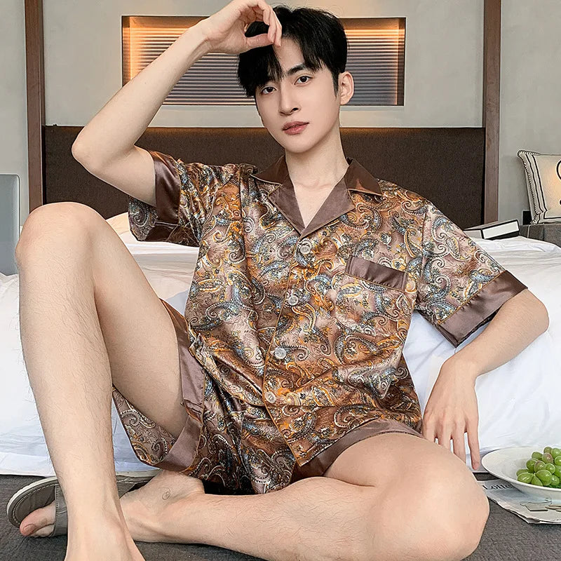 Silk Satin Pajamas for Men Sleepwear Cozy Soft Print Long Sleeve Nightgown Tops + Trousers Two Pieces Mens Pajama Set