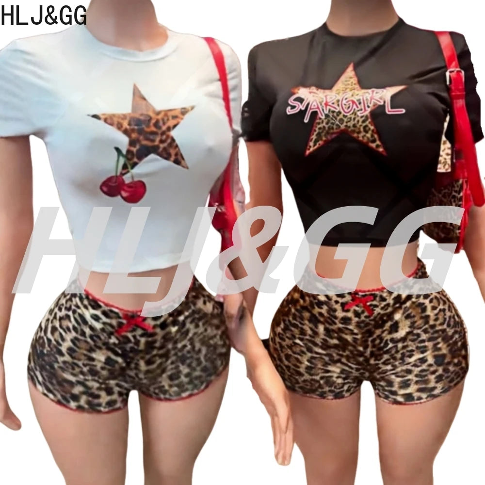 HLJ&GG Y2K Summer New Leopard Print Two Piece Ssets Women O Neck Short Sleeve Tshirts And Bow Shorts Outfits Fashion Streetwear