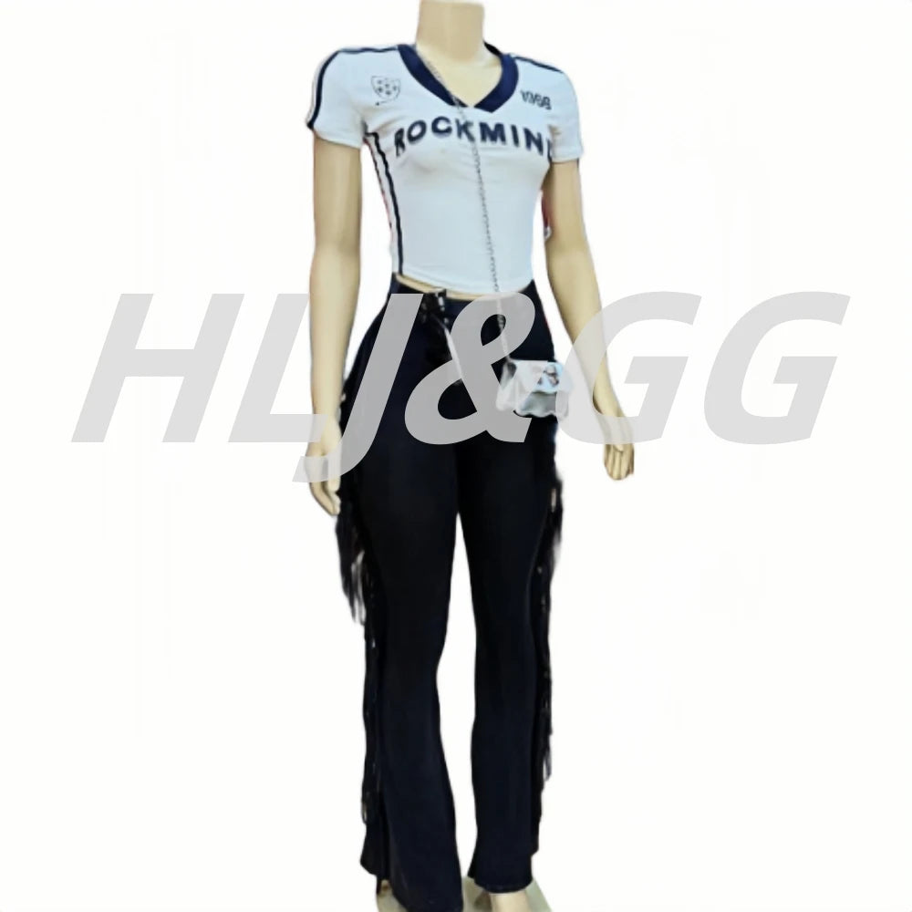 HLJ&GG Y2K American Vintage Letter Print Two Piece Sets Women V Neck Short Sleeve Slim Crop Top And Tassels Skinny Pants Outfits