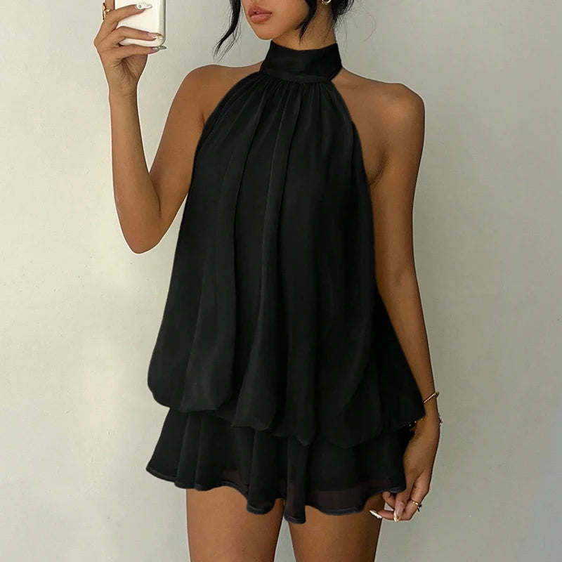 French Style Solid Color Women's Halter Neck Sleeveless Off Shoulder Backless A Line Mini Spicy Girl Beach Vacation Dresses