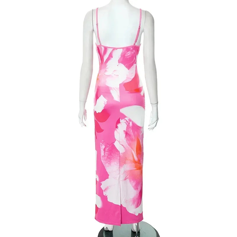 Elegant Printed Backless Long Dress Summer Women's Fashion Contrast Color Party Dress Patchwork Suspender Long Dress 2024 New
