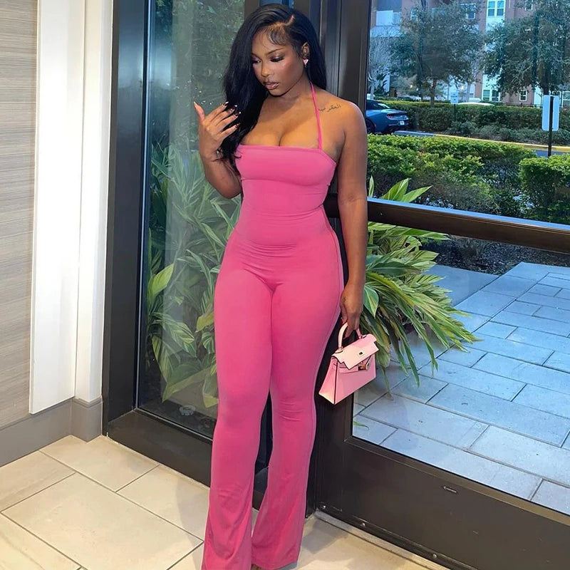 Hugcitar 2025 Spring Halter Solid Sleeveless Backless Sexy Bodycon Flare Pants Jumpsuit Women Casual Rompers Streetwear Festival