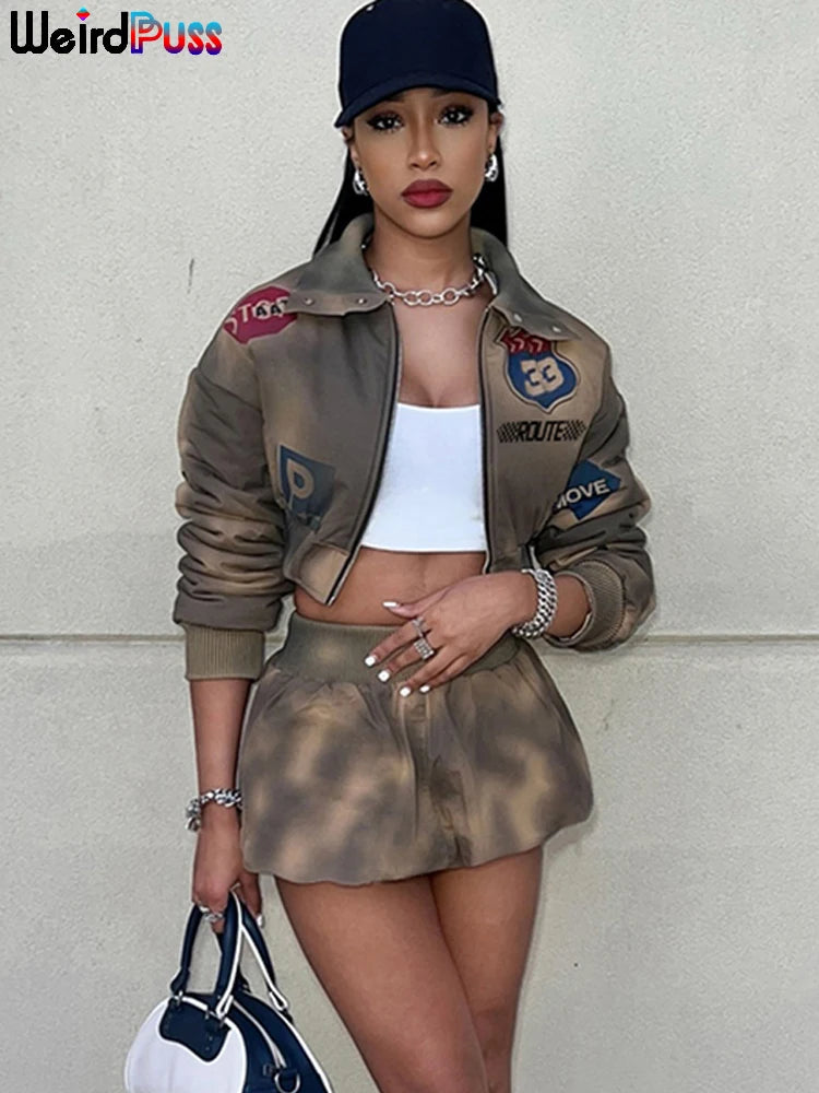 Weird Puss Tie-Dye 2 Piece Set Women Letter Print Zip Jacket+Waistband Puffy Skirt Matching Street Casual Vintage Suit