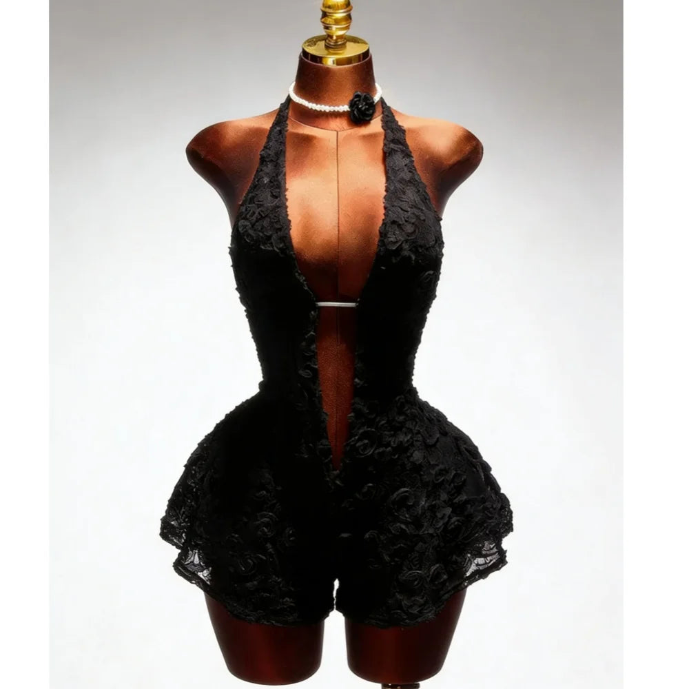 FLARORA Elegant Floral Patchwork Bodysuits Woman Sexy Halter Sleeveless Backless Lace Up Playsuits Chic Party Clubwear Rompers
