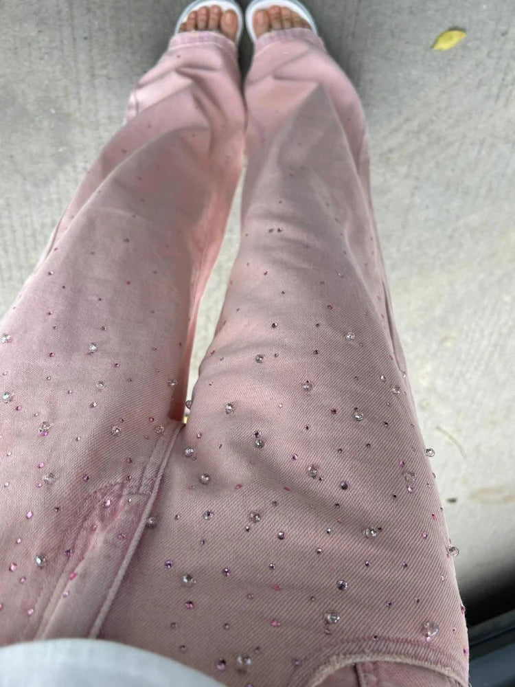 Pants for Women Ripped Trousers Pink with Rhinestones High Waist Shot Straight Leg Pockets Woman Jeans Retro Fashion Casual Wide