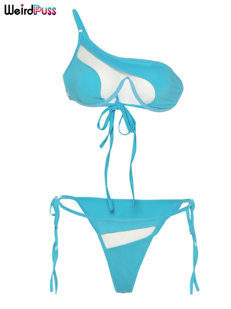 Weird Puss Beach Style Women Bikini 2 Piece Set Sexy Mesh Patchwork One Shoulder Bra Top+Bandage Briefs Vacation Trend Clubwear