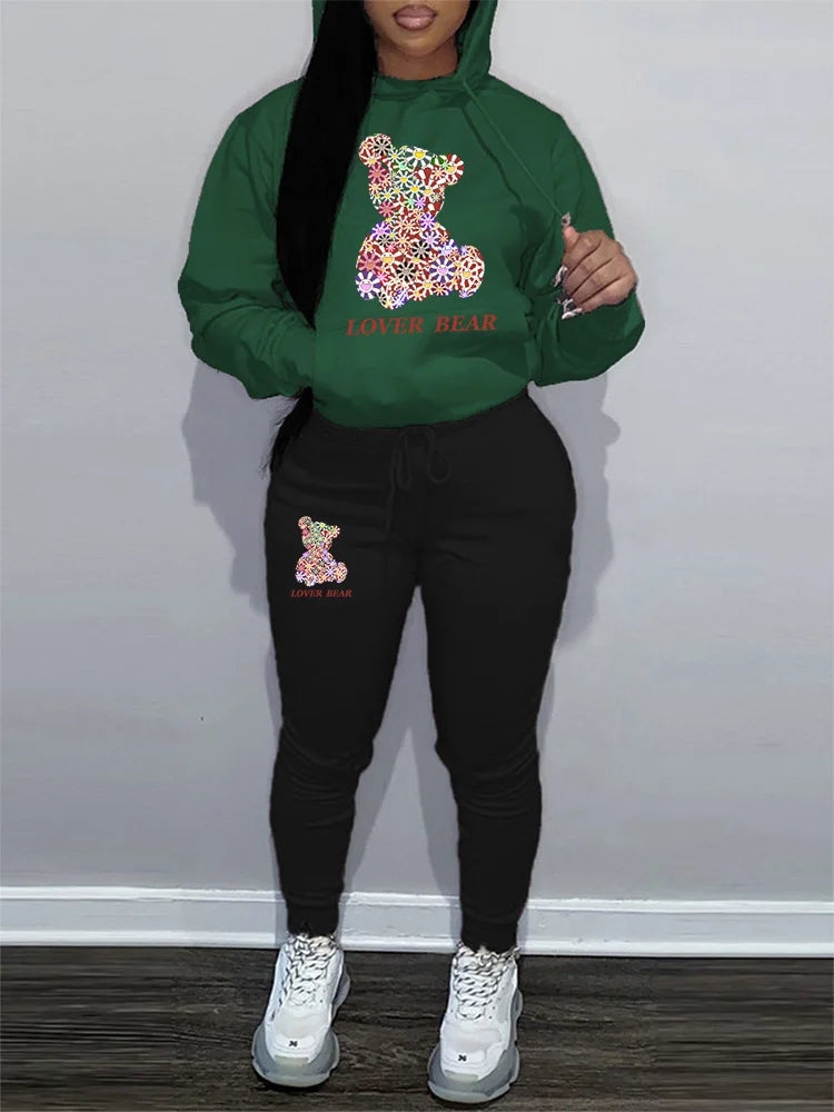Women's Hoodies Sets Pants Suit 2 Piece Outfits 2025 New Letter Print Bear Aesthetics Sweatshirt and Sweatpants Womens Tracksuit