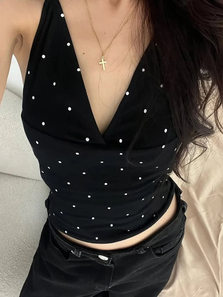 Weird Puss Polka Dot Print Tank Tops Women V-Neck Halter Lace-Up Backless Sleeveless Skinny Sexy Daily Street Summer Basic Vest