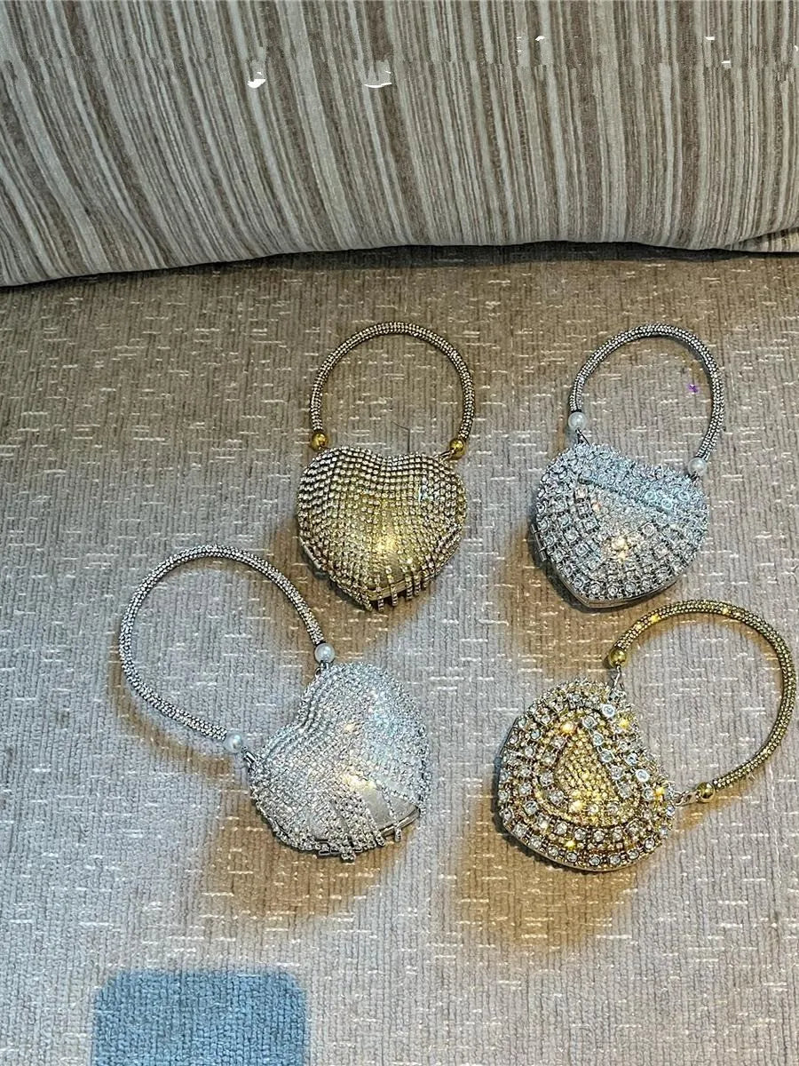 Luxury Small Bling Heart Shape Diamond Evening Clutch Rhinestones Purse Ladies Fashion Bag Designer for Women Chain Shoulder Bag