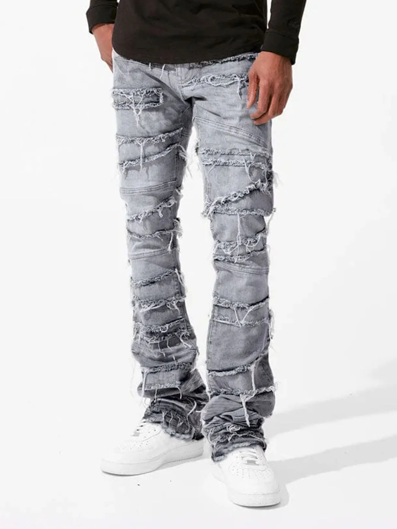 Straight Pant Men Jeans Denim Pants Slim Fit Irregular Folds Tassel Splice Simple Button Pocket High Street Trousers Spring