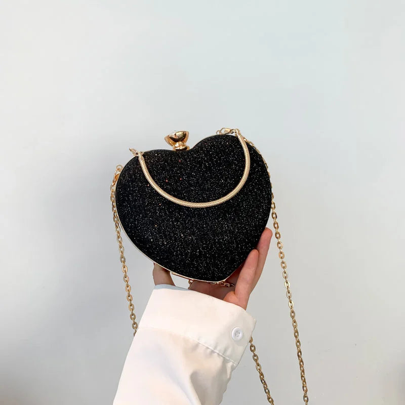 Evening Clutch Bag For Women Shiny Heart Shape Metal Clutch Chain Shoulder Purse