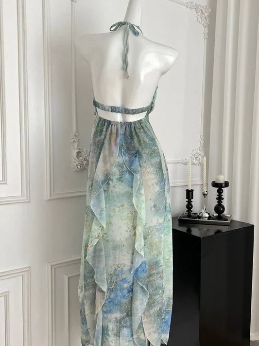 2025 Elegant Halter Neck Ruffled Maxi Dress Women Blue Green Floral Print Bohemian Design Beach Vacation Casual Party Dress New