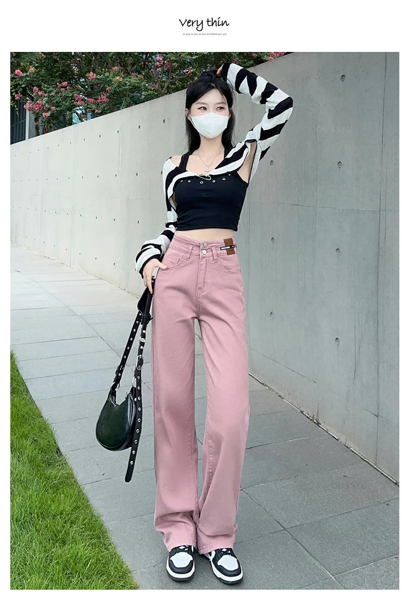 OUSSYU Woman Jeans High Waist Straight Wide Leg Cotton Denim Clothing Blue Streetwear Vintage Fashion Harajuku Women Trousers