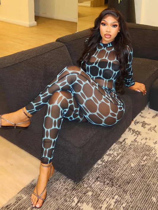Kliou Mesh Patchwork 2 Piece Set Woman o-Neck Full Sleeve Bodysuits+Skinny Peach Hip Long Pants Midnight Club Party Sexy Suits