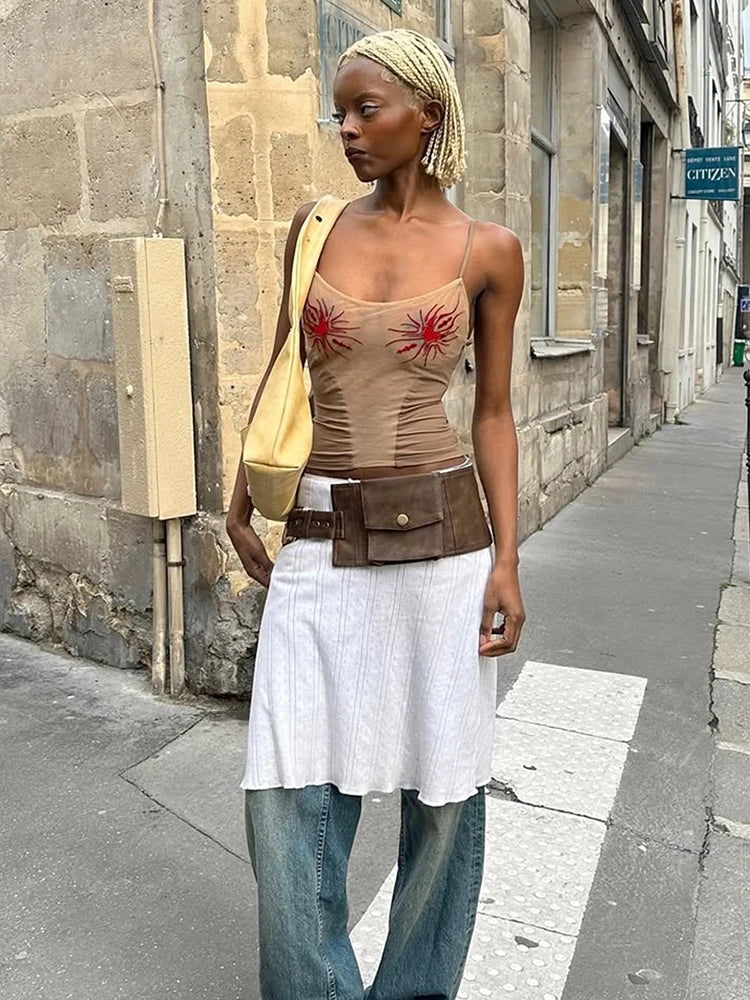 Weird Puss Sun Print Sexy Women Camisole Y2K Summer Fashion Low-Neck Coquette Midnight Party Club Wild Basic Street Slim Tees