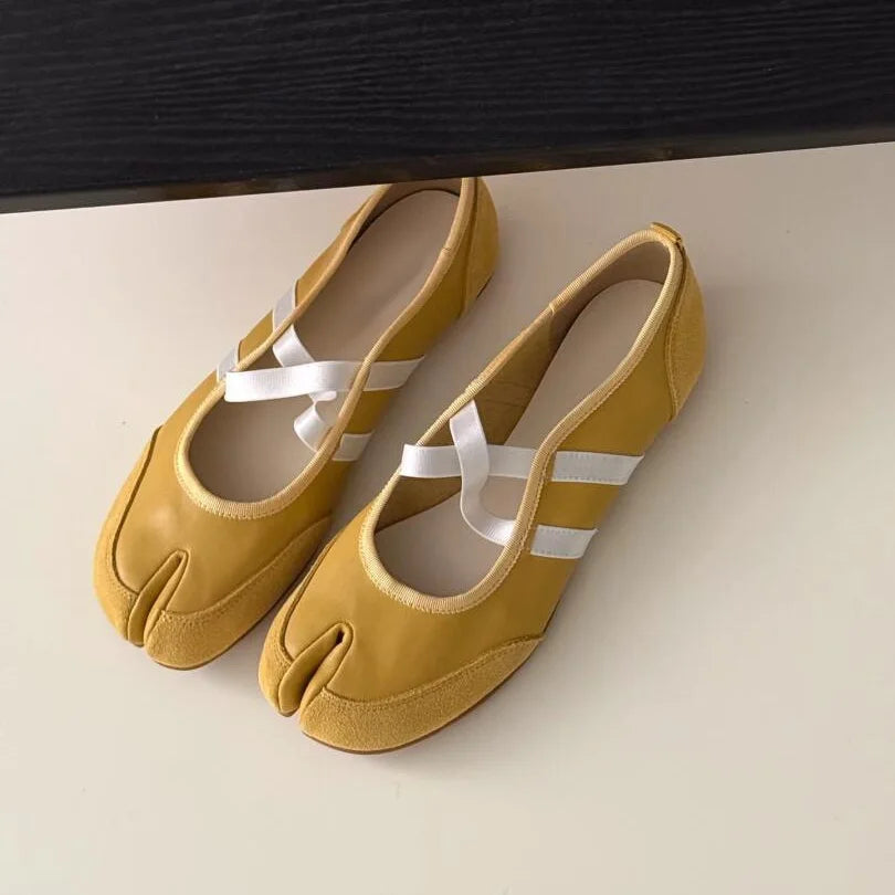 Split-Toe Casual Ballet Flats Shoes Women Genuine Pu Leather Cross Band Mary Janes Shoes Streetwear Elegant Loafers New Summer