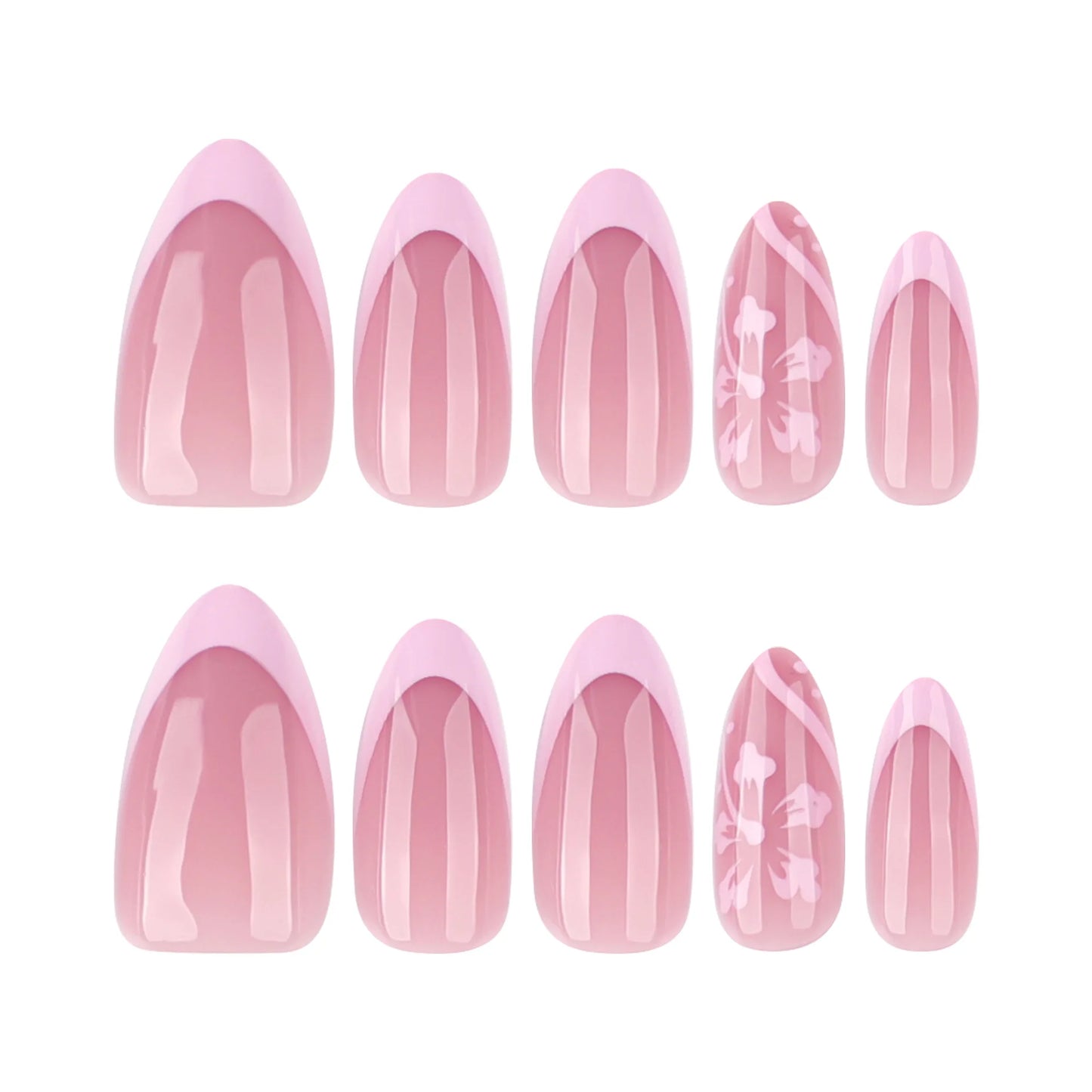 24pcs Petal Print Press on Nail Pink French Almond False Nails Wearable Detachable Ins Simple Fake Nails for Women Girls