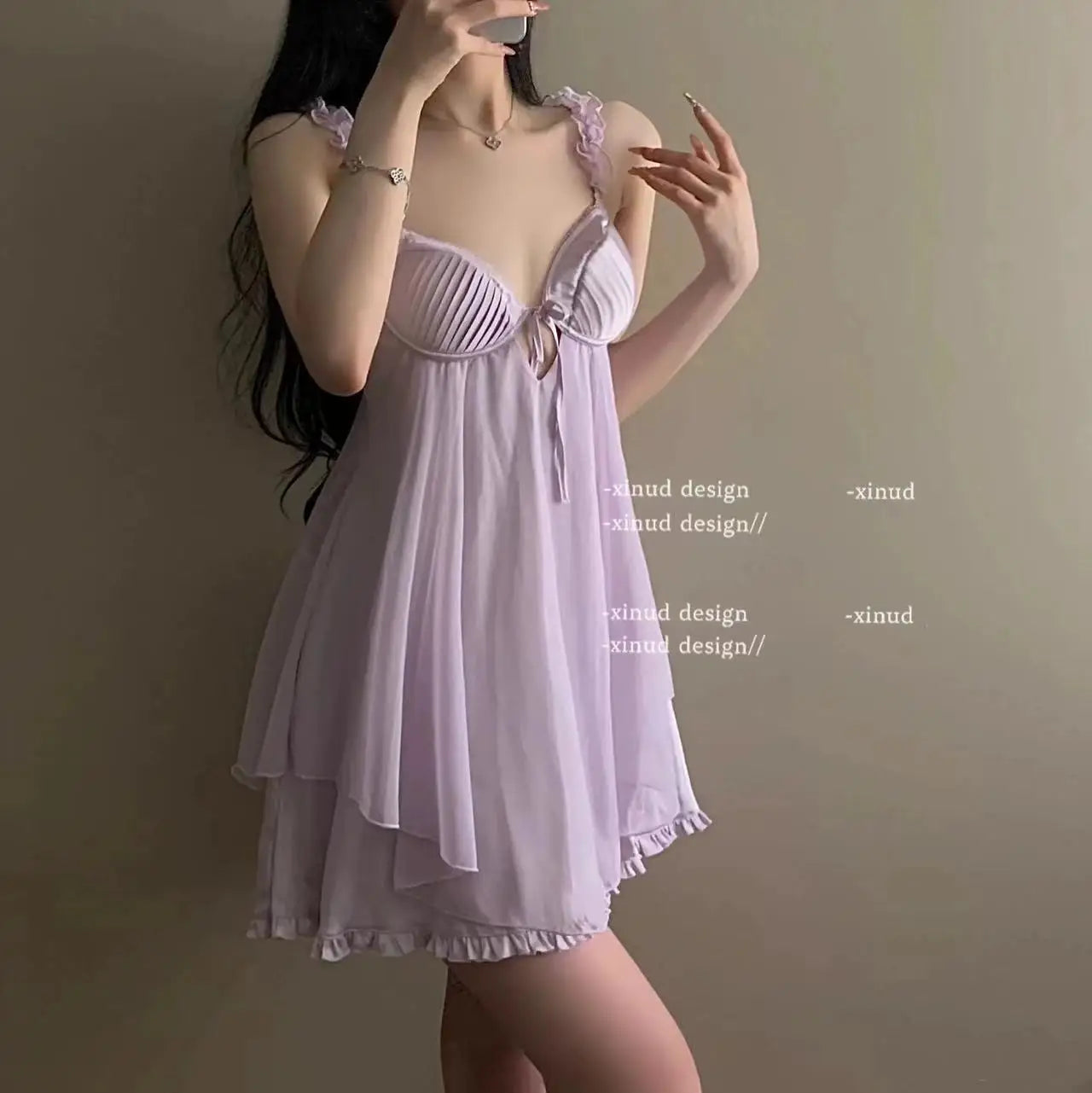 Sexy Pajamas Women's Nightgowns 2023 New Ruffles Lace with Chest Pad Cushion Suspender Pajama Dress Night Sleepwear Lingerie