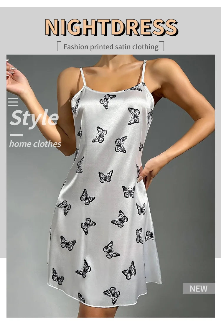 Women Sleepwear Satin Nightgown Mini Slip Chemise Short Nightwear Butterfly Print Spaghetti Strap Cami Nightdress