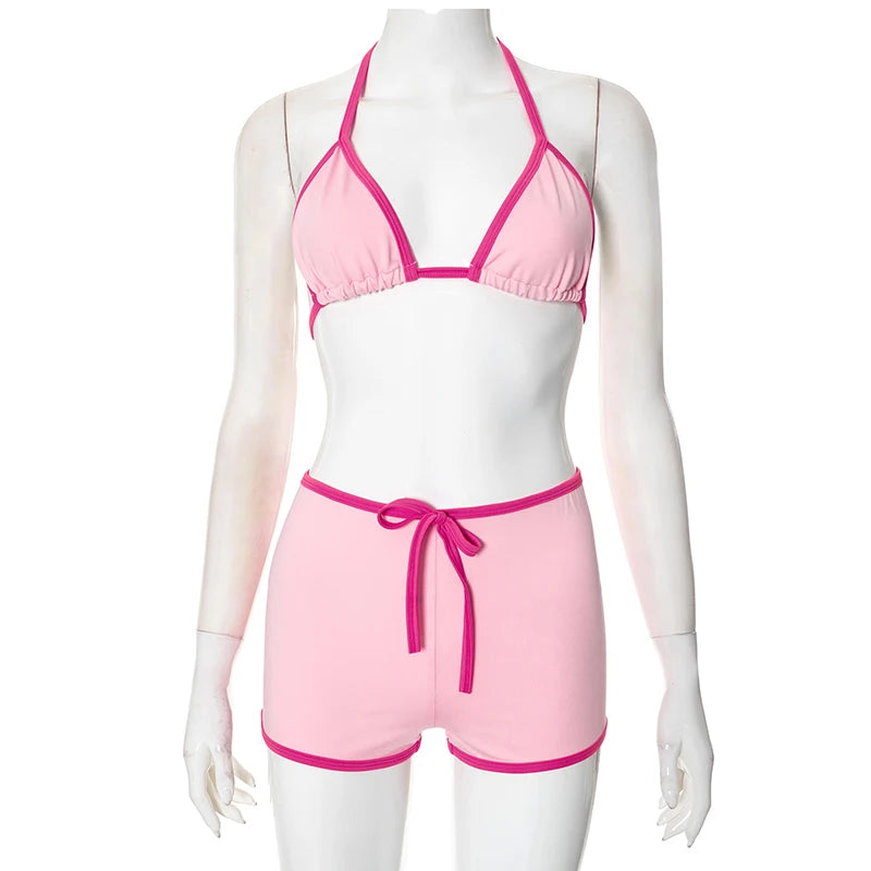 Weird Puss Contrast Bandage 2 Piece Set Women Sexy Halter Mini Bra+Skinny Swim Shorts Vacation Beach Party Style Trend Swimsuits