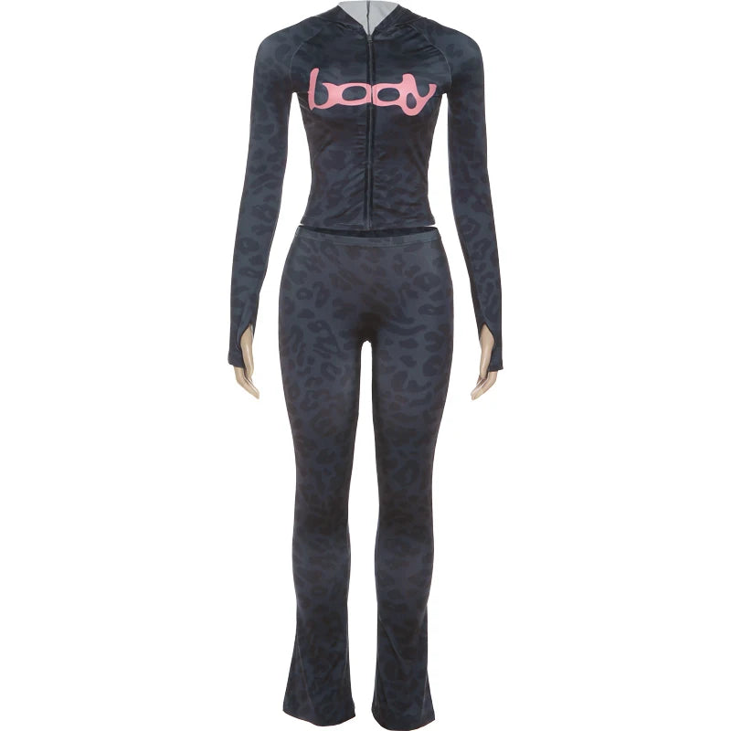 Weird Puss Letter Leopard Print 2 Piece Set Women Casual Zip Hooded Crop Jacke+Leggings Matching Stretch Sporty Street Outfits