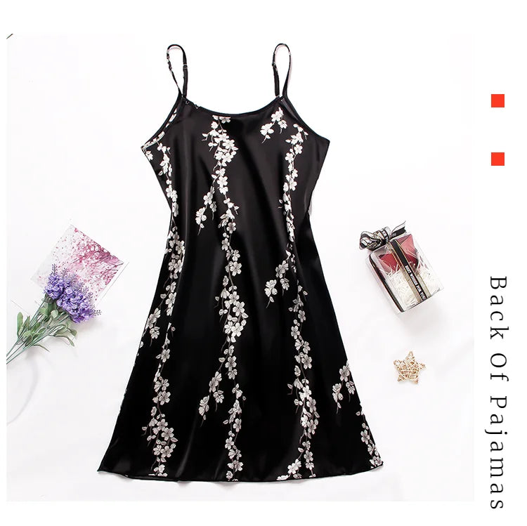 Sexy Pajamas Women's Silk Thin Suspender Nightdress Pink Nightgown Nightwear For Woman Home Clothes Sleepwear Ladies Mini Dress
