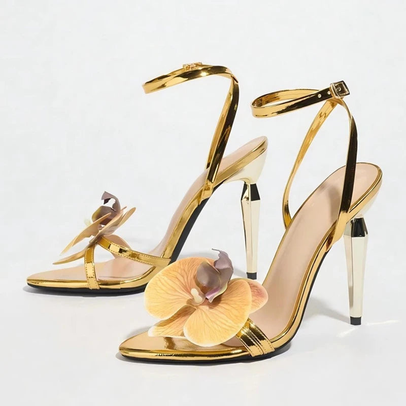 Liyke Strange Style Metal High Heels For Ladies Orchid Flowers Narrow Band Open Toe Ankle Strap Sandals Women Party Dress Shoes