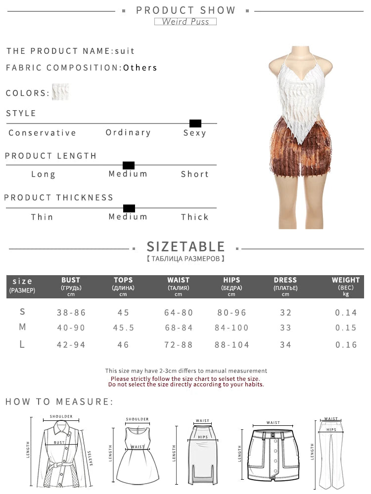 Weird Puss Ruffles Women Sexy 2piece Set See Through Low-Neck Camisole+Peach Hip Skirts Vacation Midnight Clubwear Matching Suit