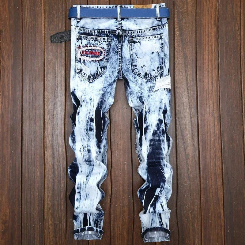 Denim Embroidered Patchwork Ripped Jeans (without Belt) Slim Fashion High Street Motorcycle Denim Pants Male Designer Clothes, men's jeans