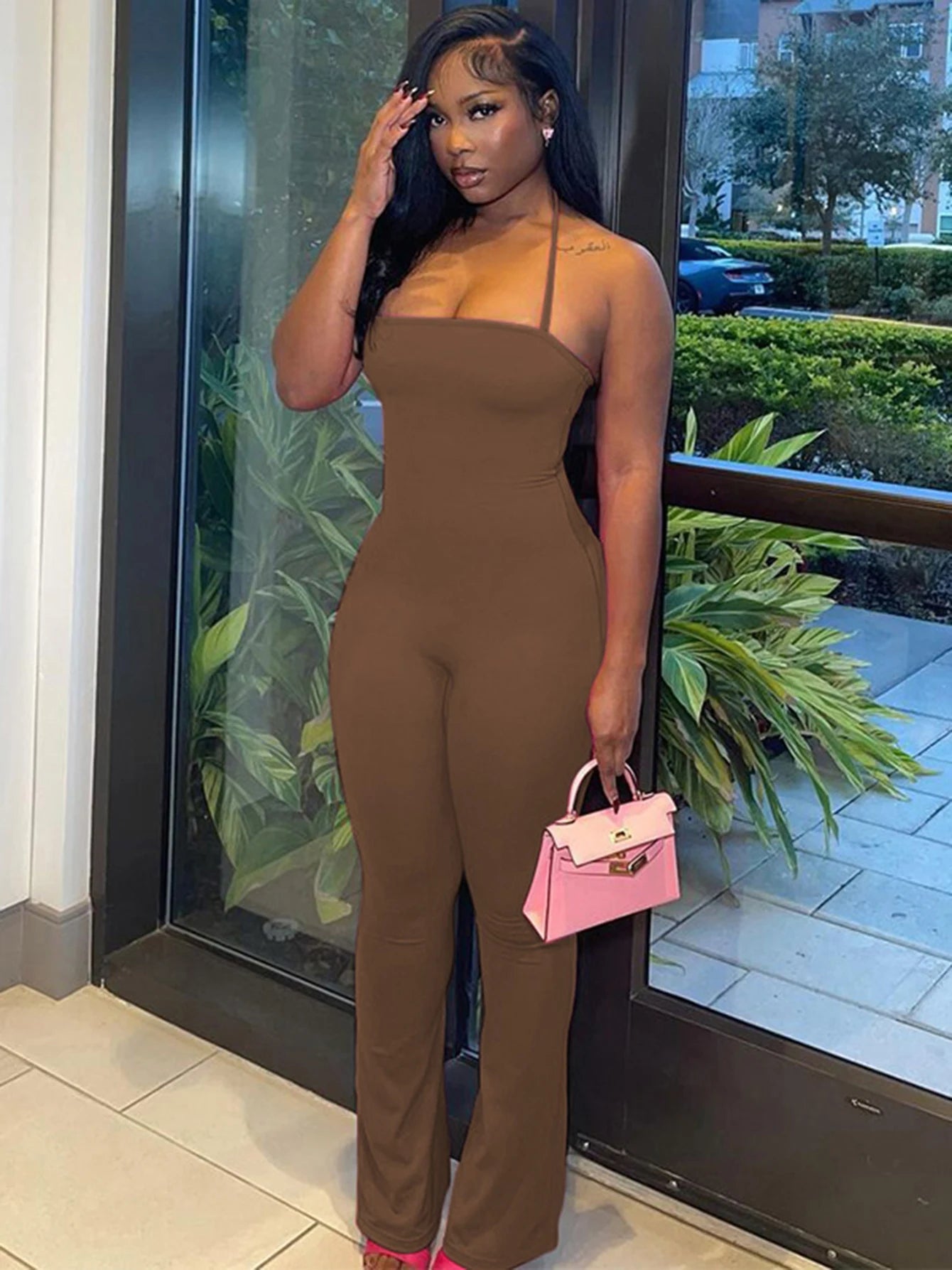 Hugcitar 2025 Spring Halter Solid Sleeveless Backless Sexy Bodycon Flare Pants Jumpsuit Women Casual Rompers Streetwear Festival