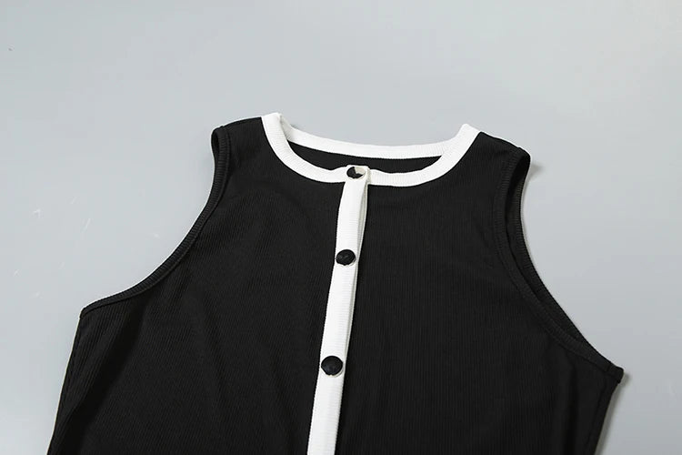 Weird Puss Ribbed Patchwork 2 Piece Set Women Single-Breasted Sleeveless Tops+Stretch Shorts Daily Casual Trend Classic Outfits