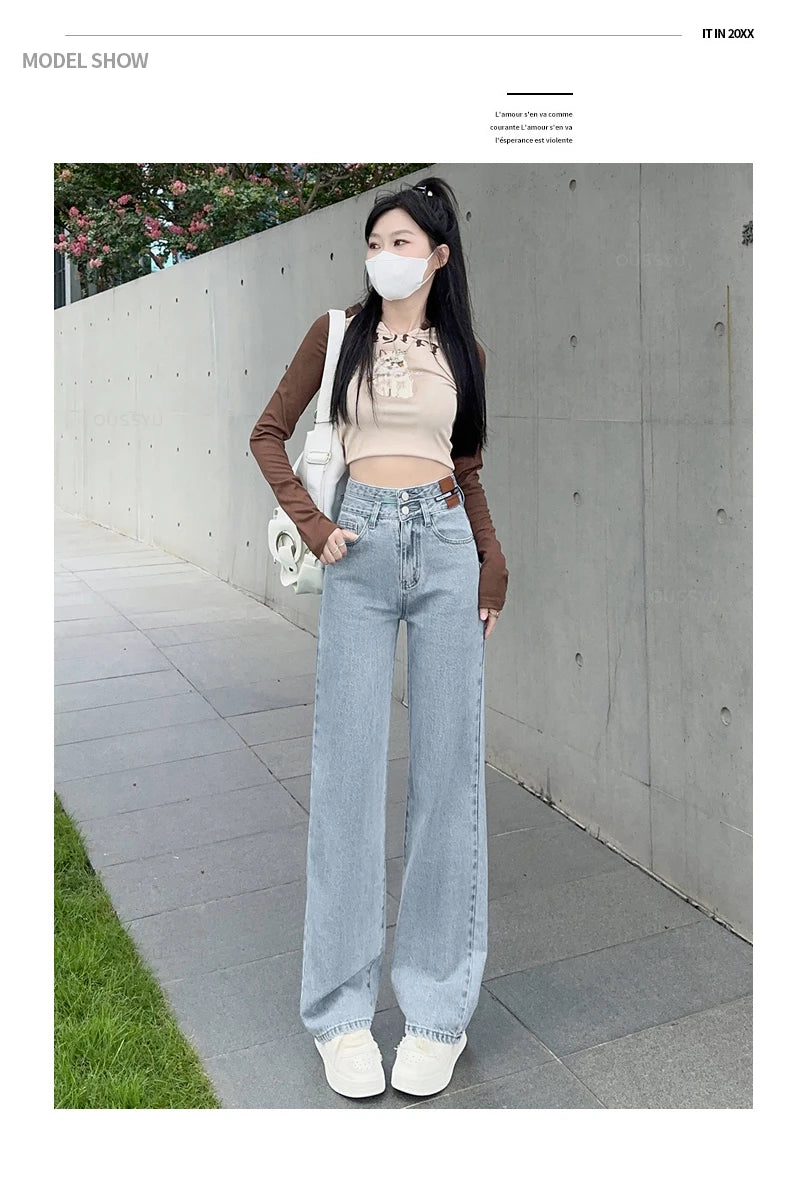 OUSSYU Woman Jeans High Waist Straight Wide Leg Cotton Denim Clothing Blue Streetwear Vintage Fashion Harajuku Women Trousers