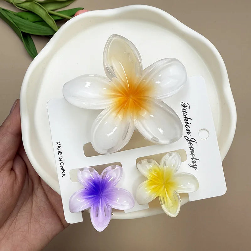 3Pcs Sweet Colorful Plumeria Flower Shark Clip Hair Claw Bohemian Ponytail Clip Plastic Hairpin Barrette Summer Hair Accessories