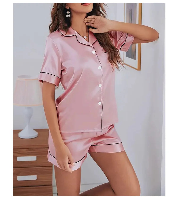 2026 Women Satin Pajamas Set 2-piece Pj Sets Sleepwear Loungewear Button-Down Pajama Women Pajamas Pijama Homewear Shorts Set
