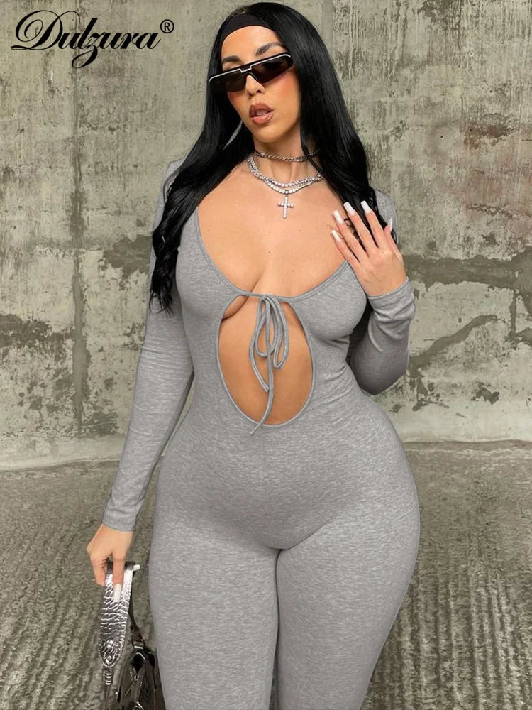Dulzura Solid Pure Hole Hollow Out Straps Lace-Up Jumpsuit Long Sleeves 2023 Summer Autumn For Women Sexy Streetwear Wholesale