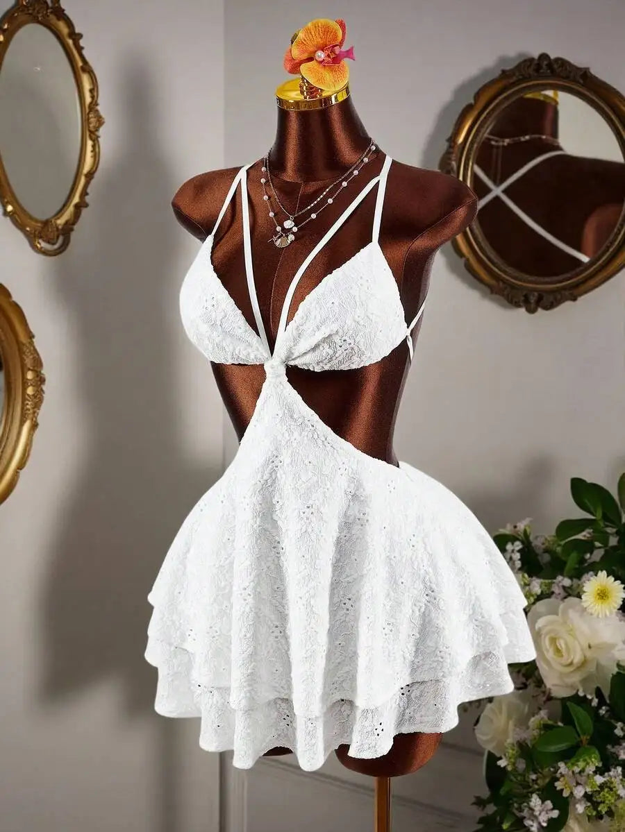 Women Solid Color Cropped Waist Mini Dress With Ruffle Skirt Casual Party Wear