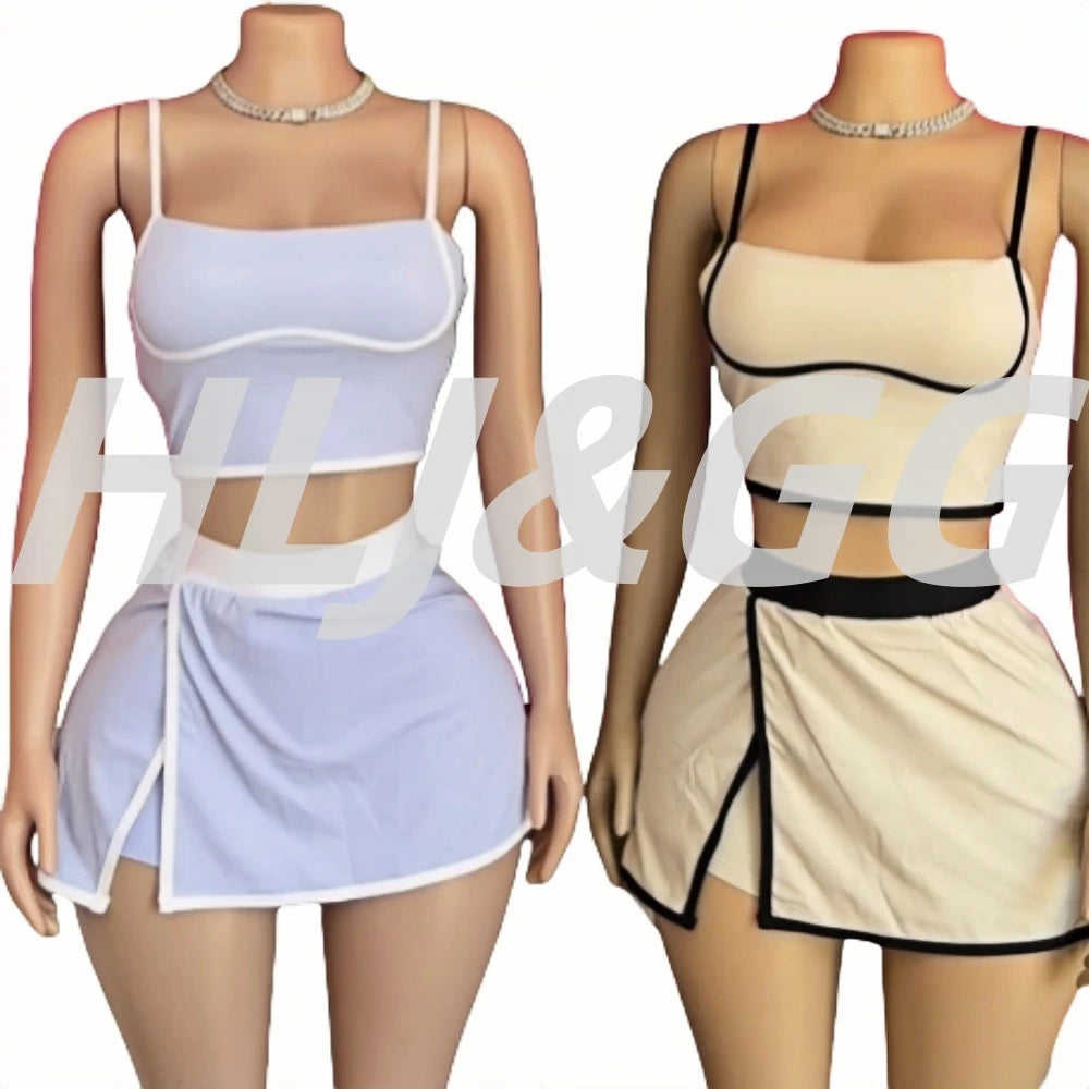 HLJ&GG Fashion High Quality Stretch Sporty Skirts Shorts Two Piece Sets Women Spaghetti Strap Slim Crop Top+Mini Skirts Outfits