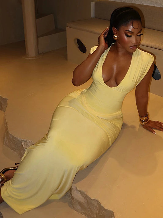 CHNMR Sexy Ruched Bodycon Maxi Dress Women Solid Sleeveless V-Neck Slim Long Dresses Female Party Evening Clubwaer Evening 2026