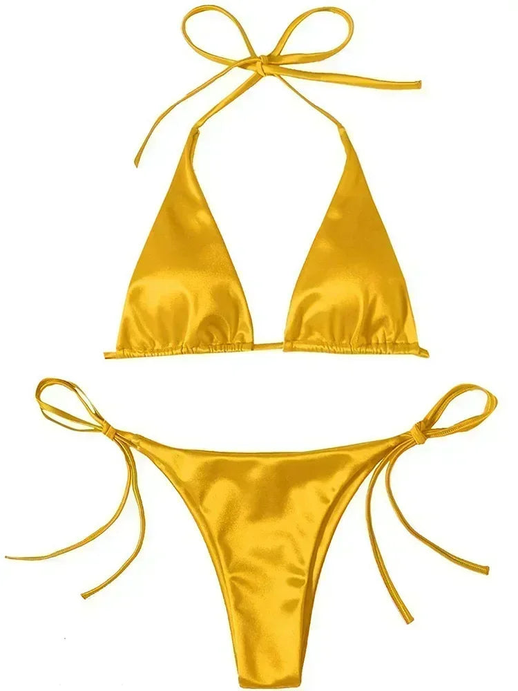 Halter Brazilian Metallic Satin Bikini  Swimwear, Swimsuit Two-pieces Bikini Set High Cut Bathing Suit Swim Beachwear