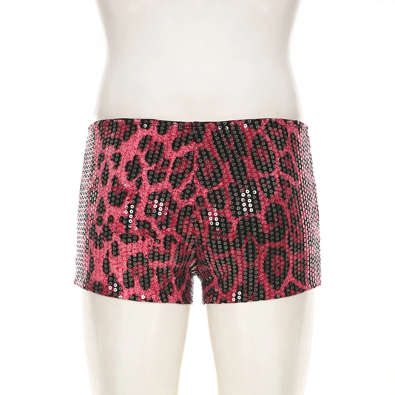STYLISH LADY Shiny Sequined Pink Leopard Printed Shorts 2025 Summer Women High Waist Luxury Spicy Girl Sexy Clubwear Short Pants
