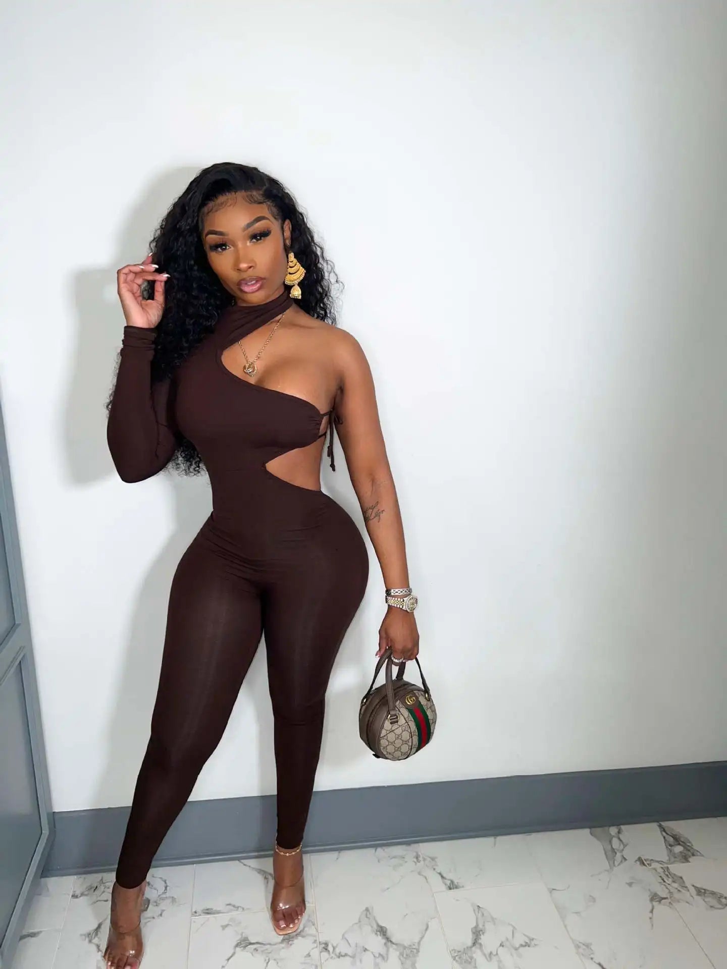 CM.YAYA Women Sexy Party Club Tie Up Open Side One Shoulder One Long Sleeve Jumpsuit Skinny Solid One Piece Overall Set Outfits