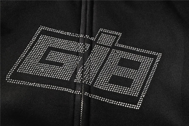 Y2K Zip Rhinestone Women Hoodie 2025 Oversized Hoodies E-girl Goth Punk Jacket Long Sleeve White Sweatshirts Trend Streetwear