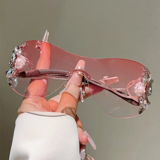 KAMMPT Rimless Y2k Sunglasses with Rhinestones Women Fashion Monoblock Outdoor Decor Shades Trendy Design Gradient Sun Glasses