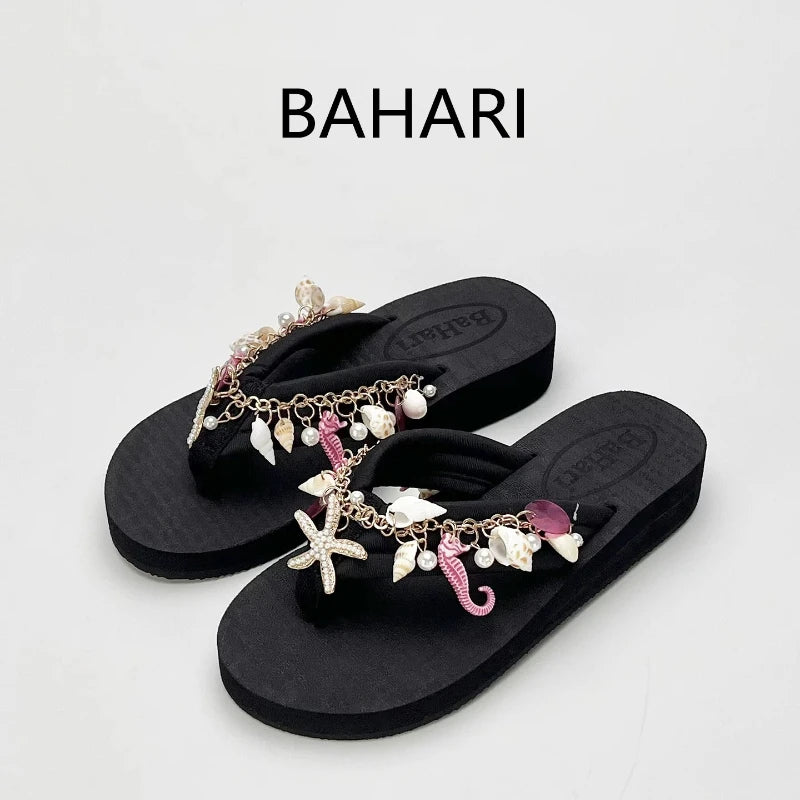 Women's Summer Bohemian Seaside Vacation Slippers Outside Pinch Beach Shoes Fashion Platform Slippers Flip-flops