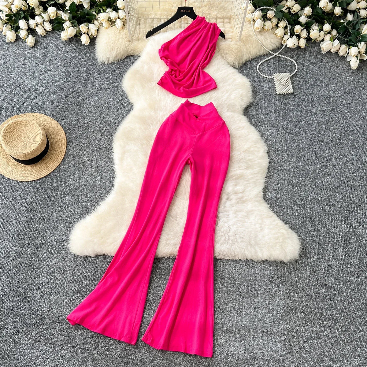 Chic Women Two-Piece Sets Vintage Diagonal Collar Sleeveless Pleated Top and High Waist Flare Pants Korean High Street Clothing
