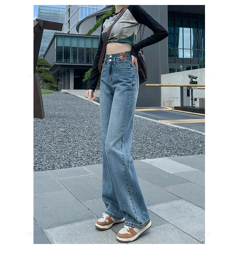 OUSSYU Woman Jeans High Waist Straight Wide Leg Cotton  Clothing Blue Streetwear Vintage Fashion Harajuku Women Trousers