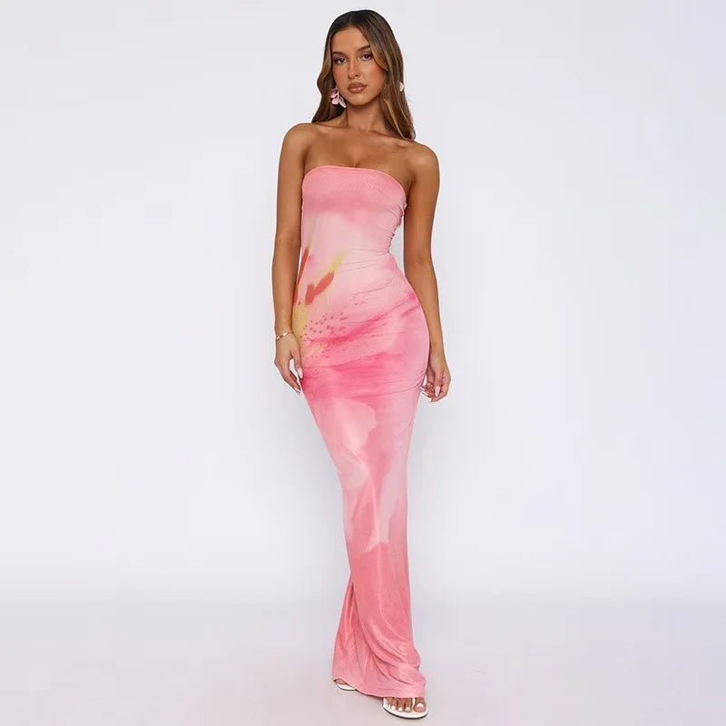 Women's Floral Print Backless Strapless Long Dress Summer Party Holiday Vacation Beach Streetwear Fashion Sleeveless Long Dress